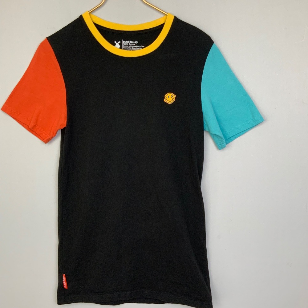 Dutch Bros Women's Sz Small Black Colorblock Ringer T-Shirt Embroidered Smiley